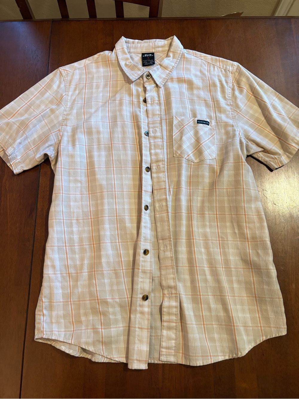 Oakley Men’s Short-Sleeve Button-Up Shirt - Peach and White Plaid